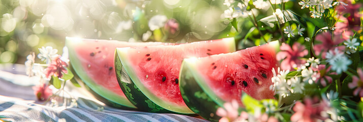 Freshly Cut Watermelon Slices on a Rustic Wooden Table, Summertime Snack with Juicy Red Flesh