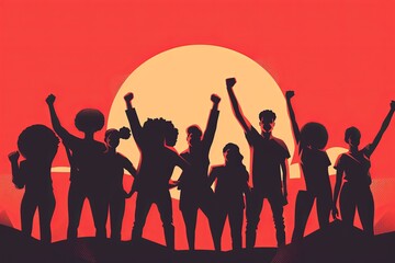 A group of diverse individuals stands together with raised fists, symbolizing unity and resistance.
