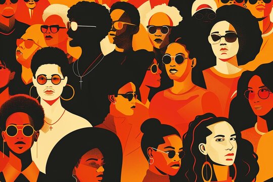 Vibrant Group of Diverse Women in Colorful Outfits, Abstract Style