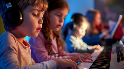 Fototapeta premium Children learning instruments in music school in musical education class : Generative AI