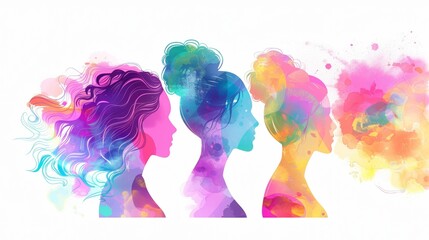 colourful illustration of multiple women portrait, female diversity and beauty concept, abstract colorful painting of diverse people