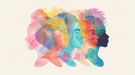 colourful illustration of multiple women portrait, female diversity and beauty concept, abstract colorful painting of diverse people