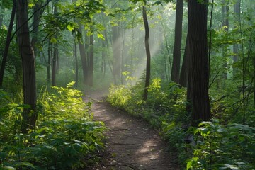 Obraz premium Misty Forest Trail Illuminated by Gentle Sunlight