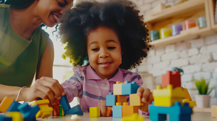 Adorable black kid curly little girl and child development specialist attractive young woman playing with colorful wooden bricks sitting at table and making pyramid together smiling : Generative AI