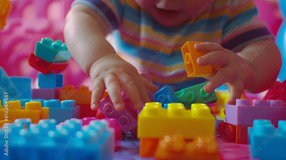 Poster close up of childs hands playing with colorful plastic bricks at the table toddler having fun and bu