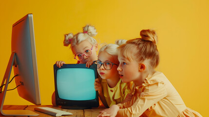 Online class Contemporary art collage Happy little girls and senior teacher looking from vintage computer screen isolated over yellow background Concept of education childhood ads quar : Generative AI