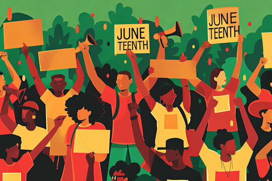 A diverse crowd of people raises their fists and holds various signs while marching through a city. Juneteenth