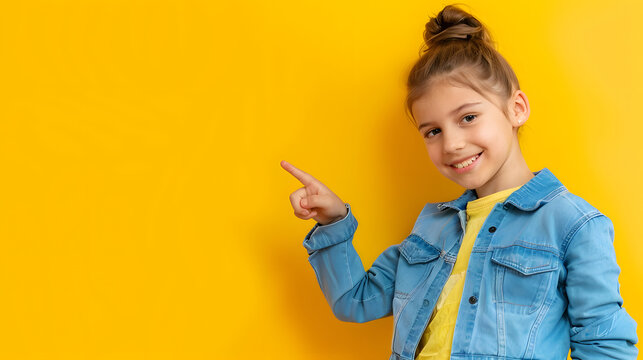 Photo of sweet charming preteen girl dressed jeans shirt pointing finger empty space smiling isolated yellow color background : Generative AI