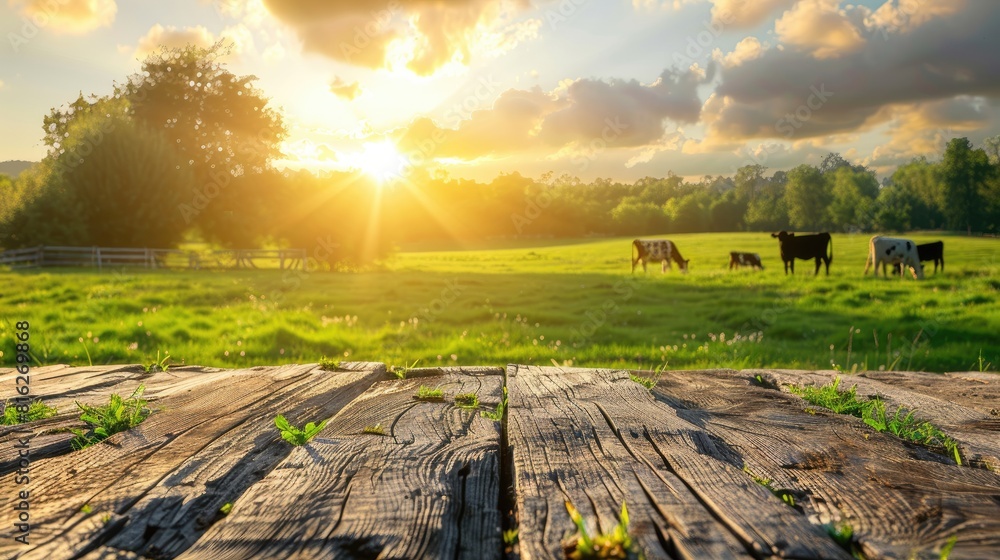 Poster a field with cows grazing and a sun shining on the grass. the sun is setting and the sky is filled w