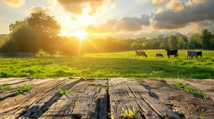 Fototapeta premium A field with cows grazing and a sun shining on the grass. The sun is setting and the sky is filled with clouds
