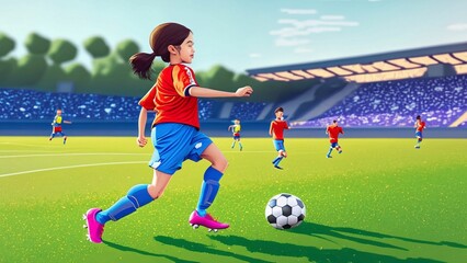 Obraz premium A young girl football player in colors of national spain football team plays with her feet a soccer ball. illustrations in cartoon style on sport stadium background for children