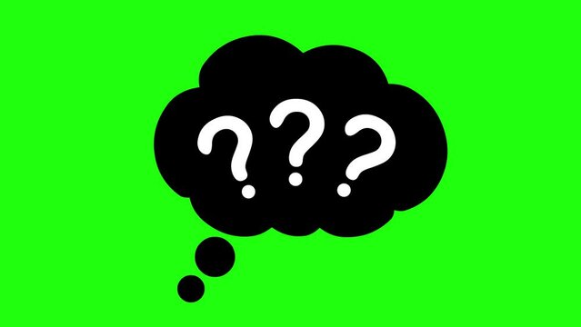 video animation black thought cloud and White question marks signs. On a green chrome key background