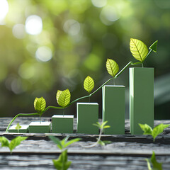 An upward green bar graph, a plant stem is an upward arrow or line on a chart to indicate an increase symbolizes eco-friendly growth and sustainable development.