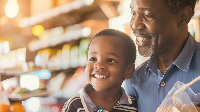 African american grandfather and grandson holding shopping bags at health food organic grocery shop family lifestyle childhood togetherness healthy living shopping and food unaltered : Generative AI