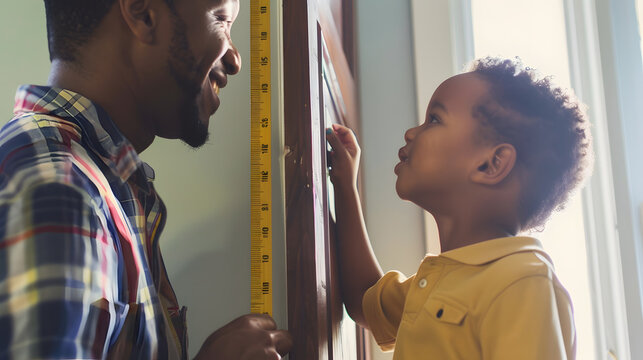 Happy african american father measuring son and marking height on door frame at home fatherhood childhood growth togetherness and domestic life unaltered : Generative AI - Powered by Adobe