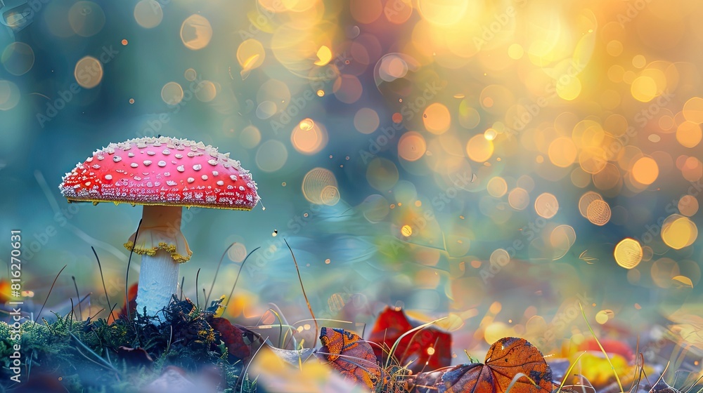 Poster a red mushroom is on a patch of grass. the mushroom is surrounded by leaves and grass, and the leave