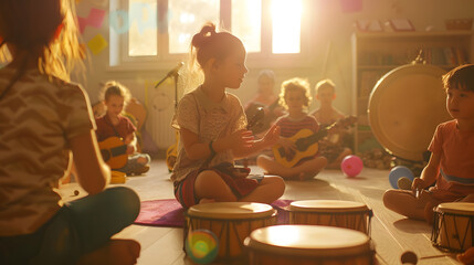 Kindergarten teacher with children sitting on the floor having music class using various instruments and percussion Early music education : Generative AI