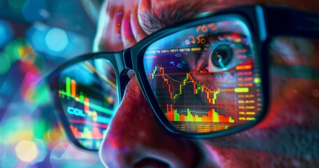 financial chart reflect in eye glasses, man trader looking at stock market or forex currency exchange graph, business and finance trading concept