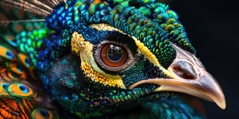 Obraz premium Macro photograph of a vibrant peacock displaying its iridescent plumage, showcasing its striking colors