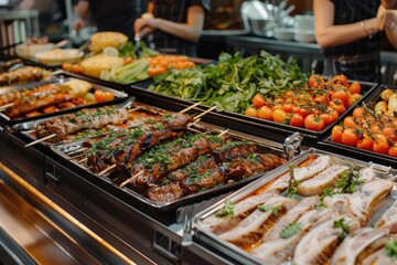 Obraz premium A buffet of food with a variety of meats and vegetables. Scene is inviting and appetizing