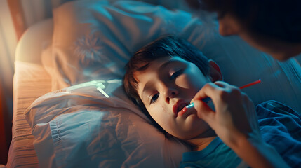 Sick boy with thermometer laying in bed and mother hand taking temperature Mother checking temperature of her sick son who has thermometer in his mouth Sick child with fever and illnes : Generative AI