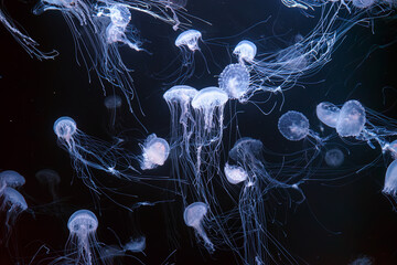 Atlantic sea nettle, Chrysaora quinquecirrha, East Cost sea nettle. Group of fluorescent jellyfish...