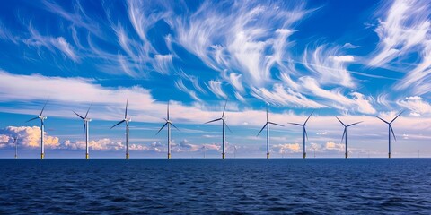 A breathtaking image of offshore wind turbines at sunset