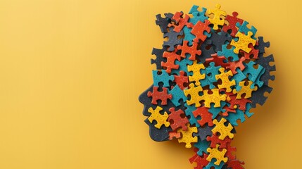 head of kid made of puzzle, creativity and idea concept, child autism awareness day or month creative banner
