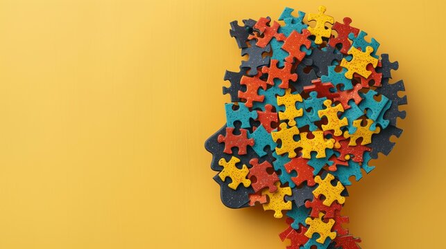 head of kid made of puzzle, creativity and idea concept, child autism awareness day or month creative banner