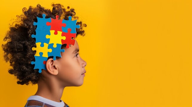 head of kid made of puzzle, creativity and idea concept, child autism awareness day or month creative banner