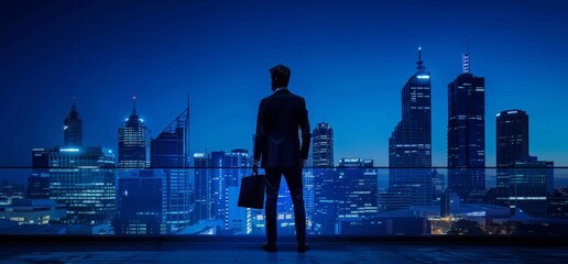 A business man silhouette standing on the roof of an office building overlooking over city at night, holding his briefcase with skyline in background Generative AI