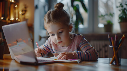 Smart little Caucasian girl child sit at table study at laptop make notes write in notebook small schoolgirl handwrite prepare homework assignment at home distant education concept : Generative AI