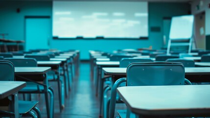 Empty Classroom with Desks and Whiteboard - Educational Setting