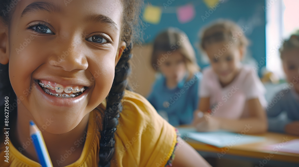 Poster In Elementary School Class Portrait of a Brilliant Black Girl with Braces Smiles Writes in Exercise Notebook Junior Classroom with Diverse Group of Children Learning New Stuff : Generative AI