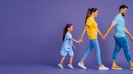 Obraz premium Full body side view young parents mom dad child kid daughter girl 6 years old wearing blue yellow casual clothes hold hands walk go point aside isolated on plain purple background Fami : Generative AI