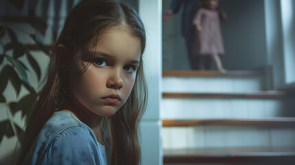 Stressed and unhappy young girl watch her parent arguing from the stair Domestic violence at home and traumatic childhood develop to depression and anxiety Unhealthy family concept Syn : Generative AI