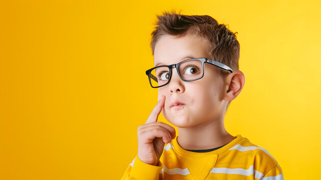 Portrait of funny thinking kid in glasses isolated on yellow background Five years old smart boy with finger near mouth Ask questions Critical thinking Back to school : Generative AI