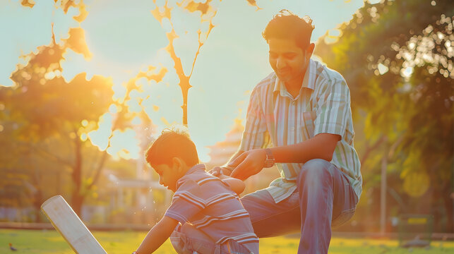 indian father teaching his son to playing cricket game at park  concept of Shared passion family bonding and fatherhood : Generative AI