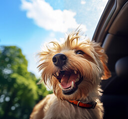 Puppy sticks his head out of the car window and goes happily on his way.