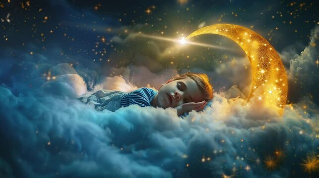 an illustration of a cute little child sleeping on a very beautiful cloud. seamless looping time-lapse virtual 4K video Animation Background.