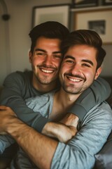 Obraz premium two happy gay men hugging and looking at camera, lgbt love concept