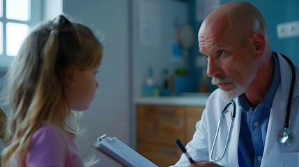 Obraz premium Closeup of doctor psychologist holding paper notebook making notes while talking with small girl at psychological therapy session meeting blur defocused little kid patient : Generative AI