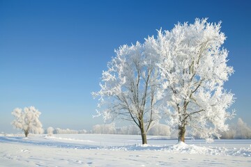 Obraz premium Serene Winter Wonderland with Snow-Laden Trees under Clear Blue Sky