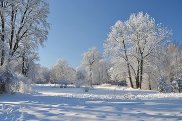 Serene Winter Wonderland with Snow-Laden Trees under Clear Blue Sky