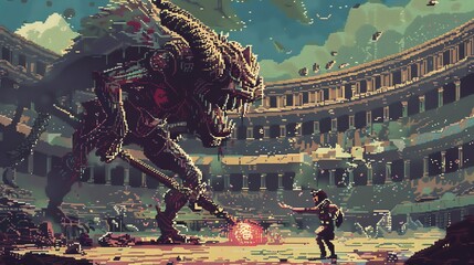 A brave warrior fights a giant monster in a ruined city. The monster is made of stone and has a lion's head.