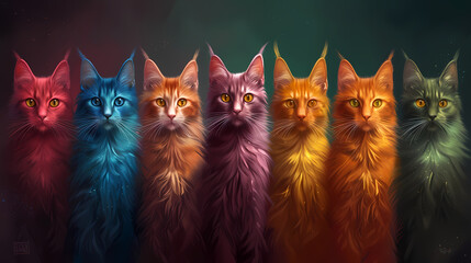 An artistic row of five cats with different vivid colors against a starry background