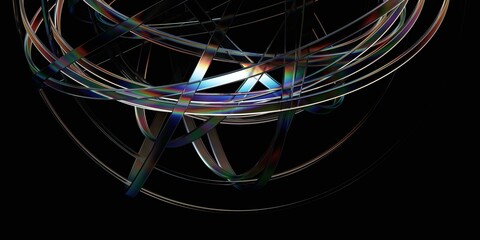 Abstract iridescent lines on black background, 3d render