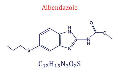 Albendazole molecule infographic.  Worm infestations treatment. Vector illustration.