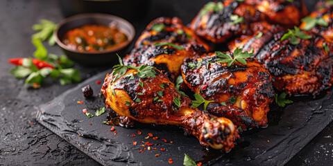 Piri Piri Chicken on a slate serving board, Mozambican grilled chicken, Spicy and flavorful dish with charred edges