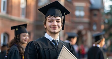 young cheerful student at graduation ceremony with diploma, happy man at university graduate